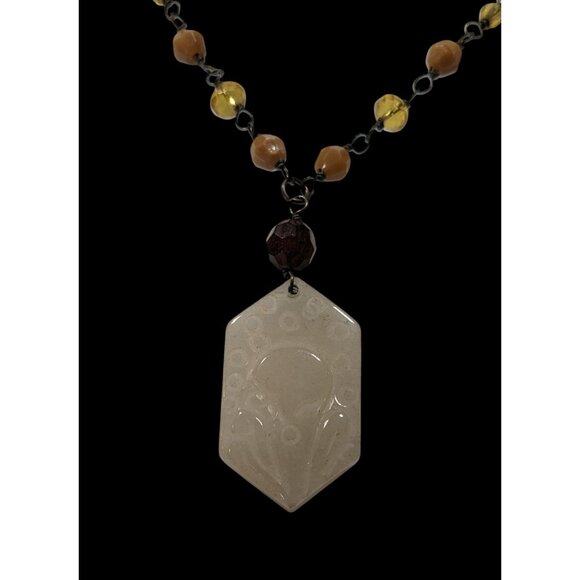Vintage Carved Quartz Pendant Necklace With Beaded Chain - Picture 4 of 10